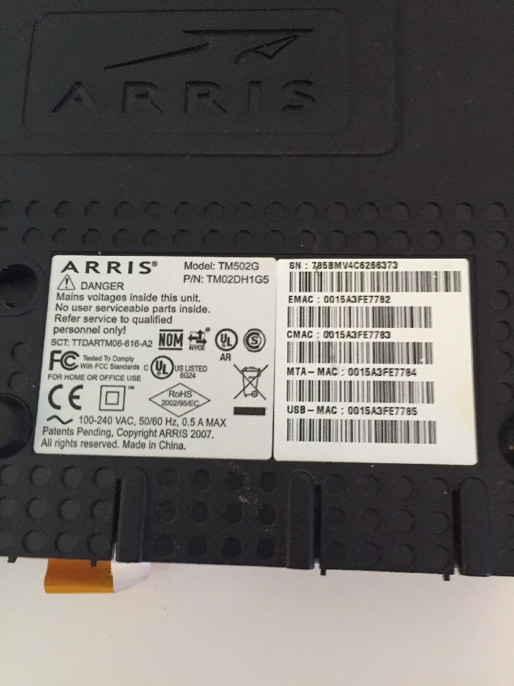 Used Arris Modem Model TM502G With Battery No Power cord