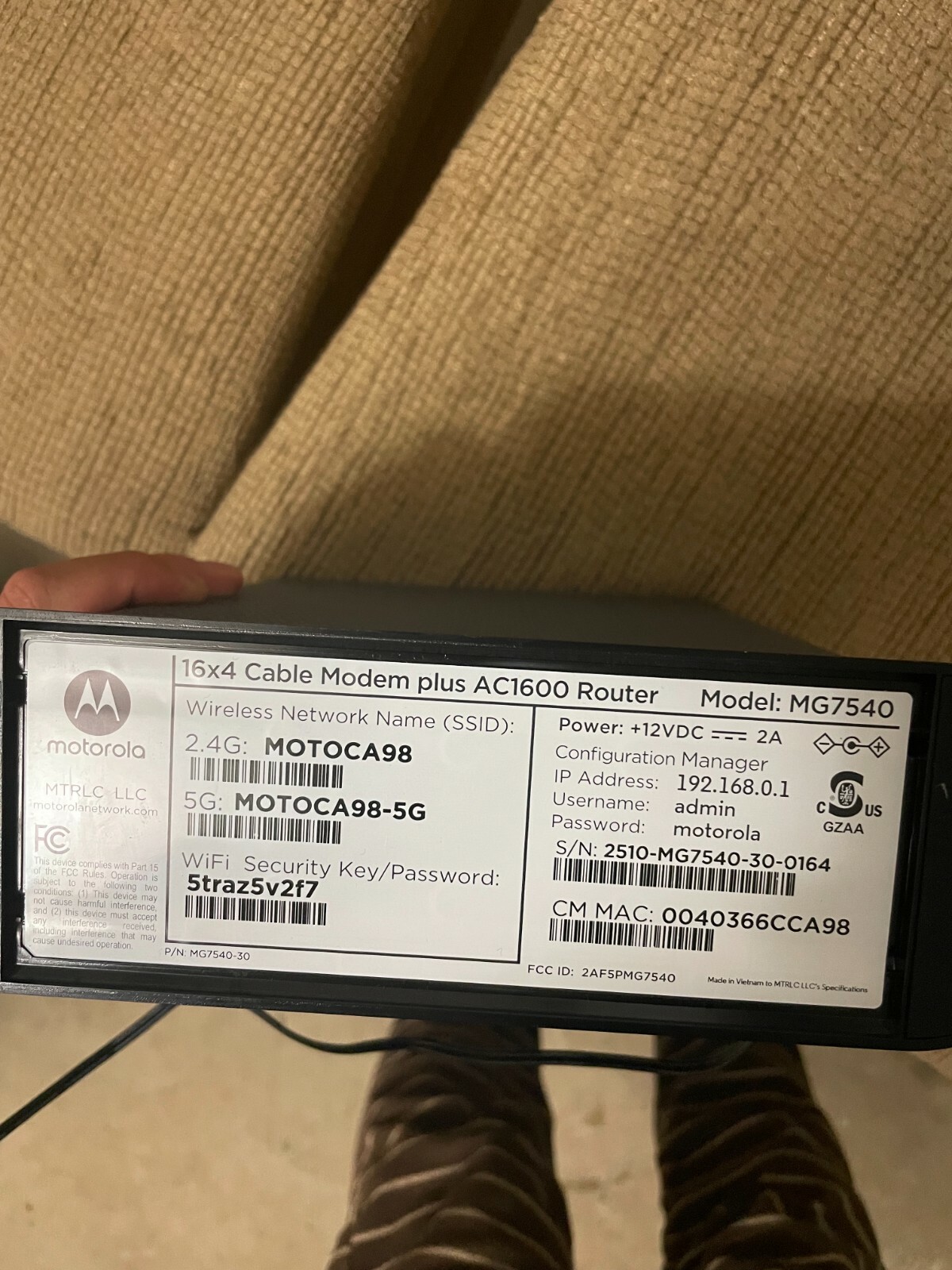 Motorola MG7540 AC1900 Dual-Band DOCSIS 3.0 Cable Modem Router