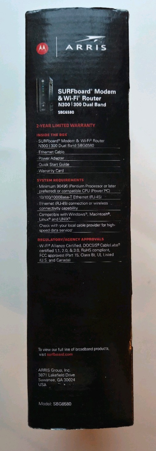 NEW Motorola ARRIS SURFboard SBG6580 DOCSIS 3 Cable Modem and Wi-Fi Router N300