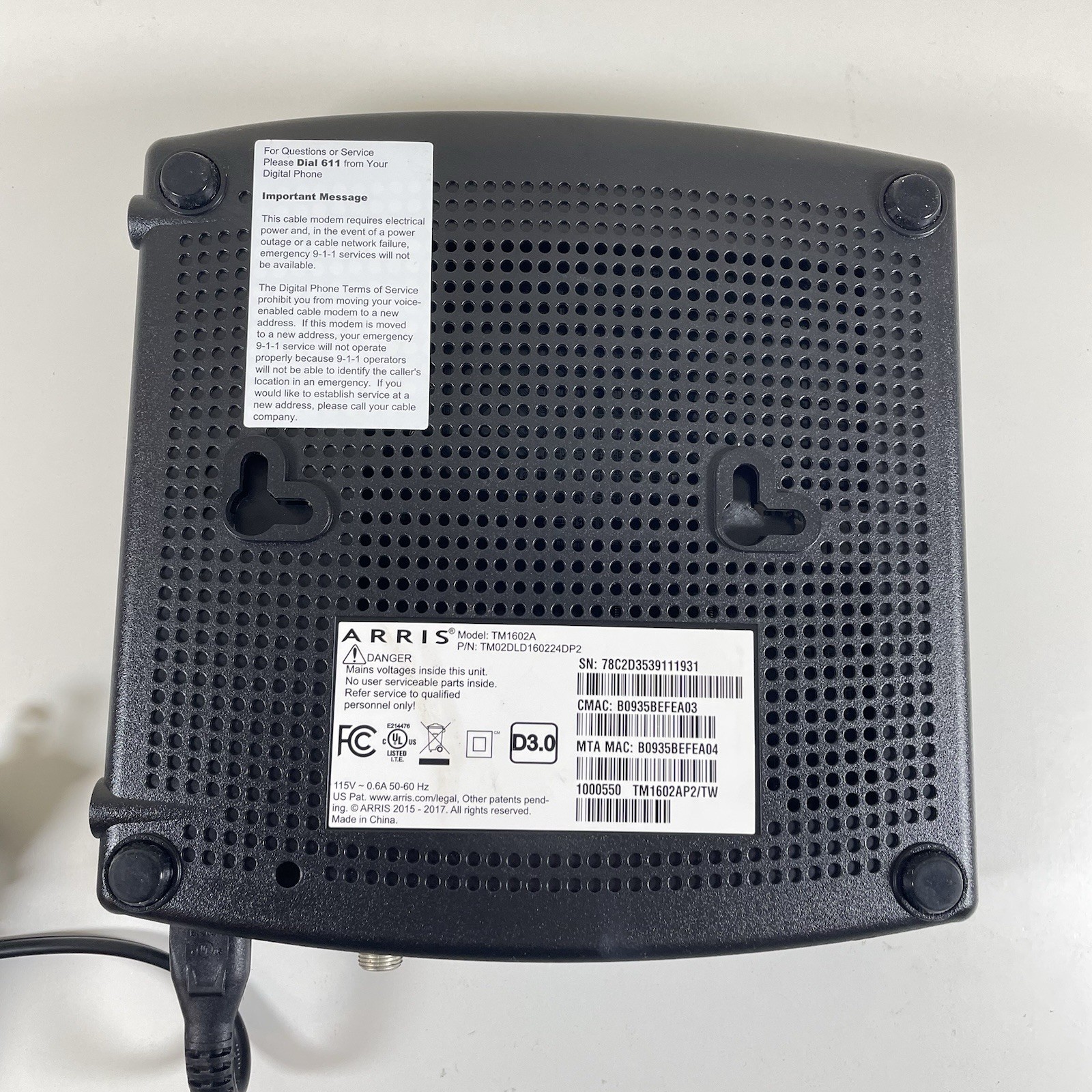 ARRIS Touchstone Modem TM1602 DOCSIS 3.0 E-MTA with Power Cord