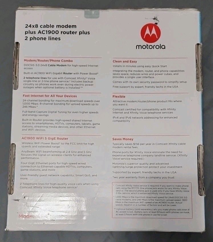 Motorola 24×8 Cable Modem + AC1900 WiFi Router + 2 Phone Line for Xfinity MT7711