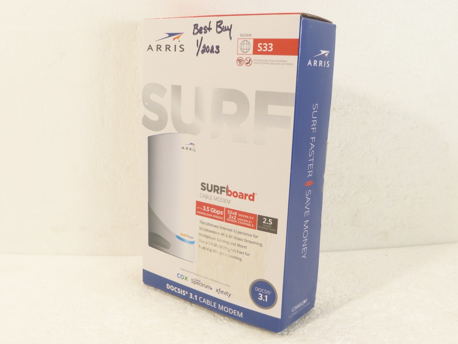 ARRIS SURFboard S33 DOCSIS 3.1 2.5Gbps Cable Modem White w/ Box, Power Adapter