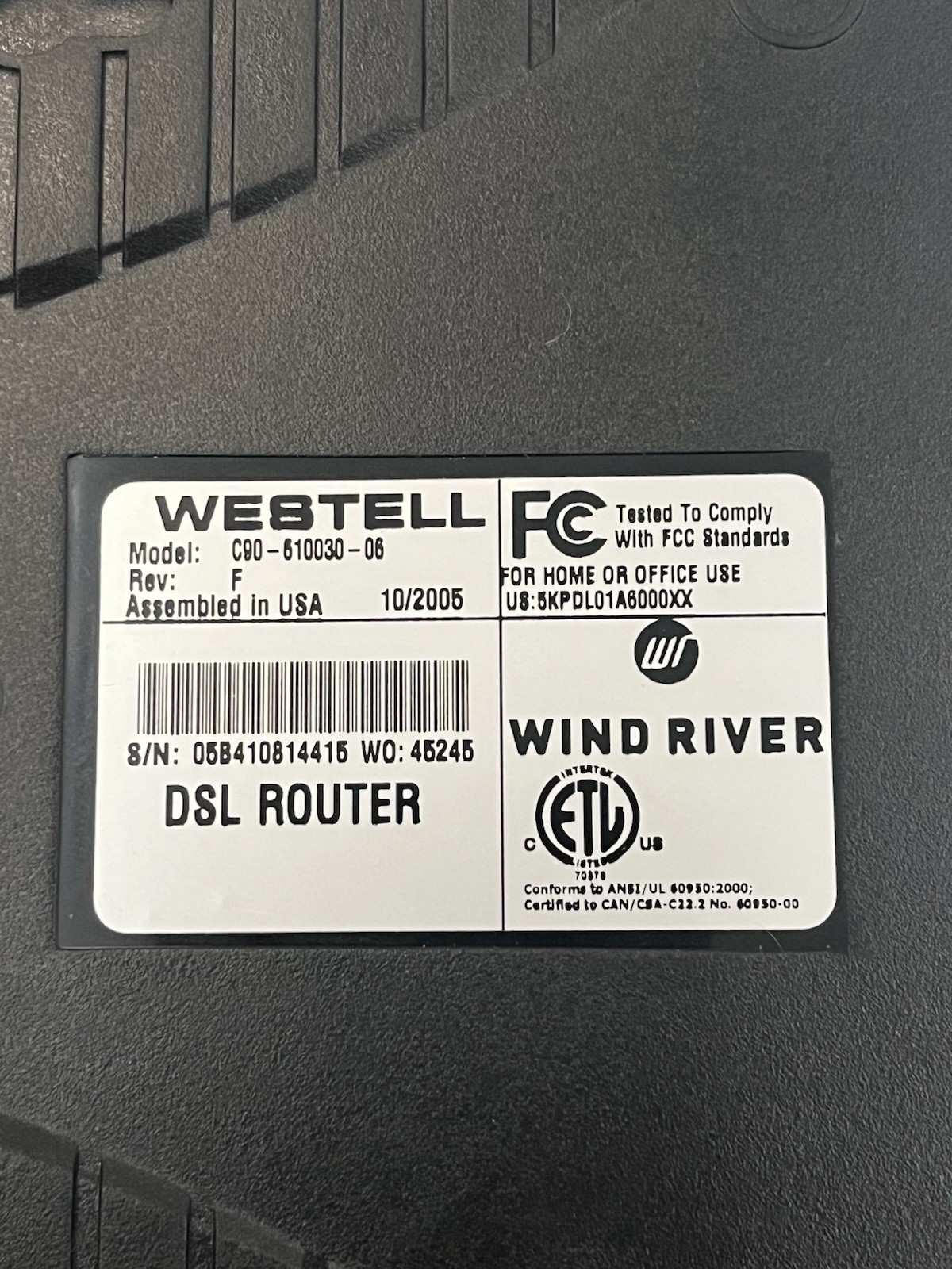 Westell DSL Model C90-610030-06 Modem with Power Cord and Cable
