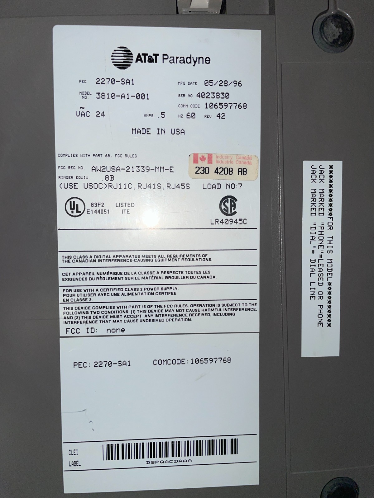 AT&T PARADYNE COMSHERE MODEM 3810