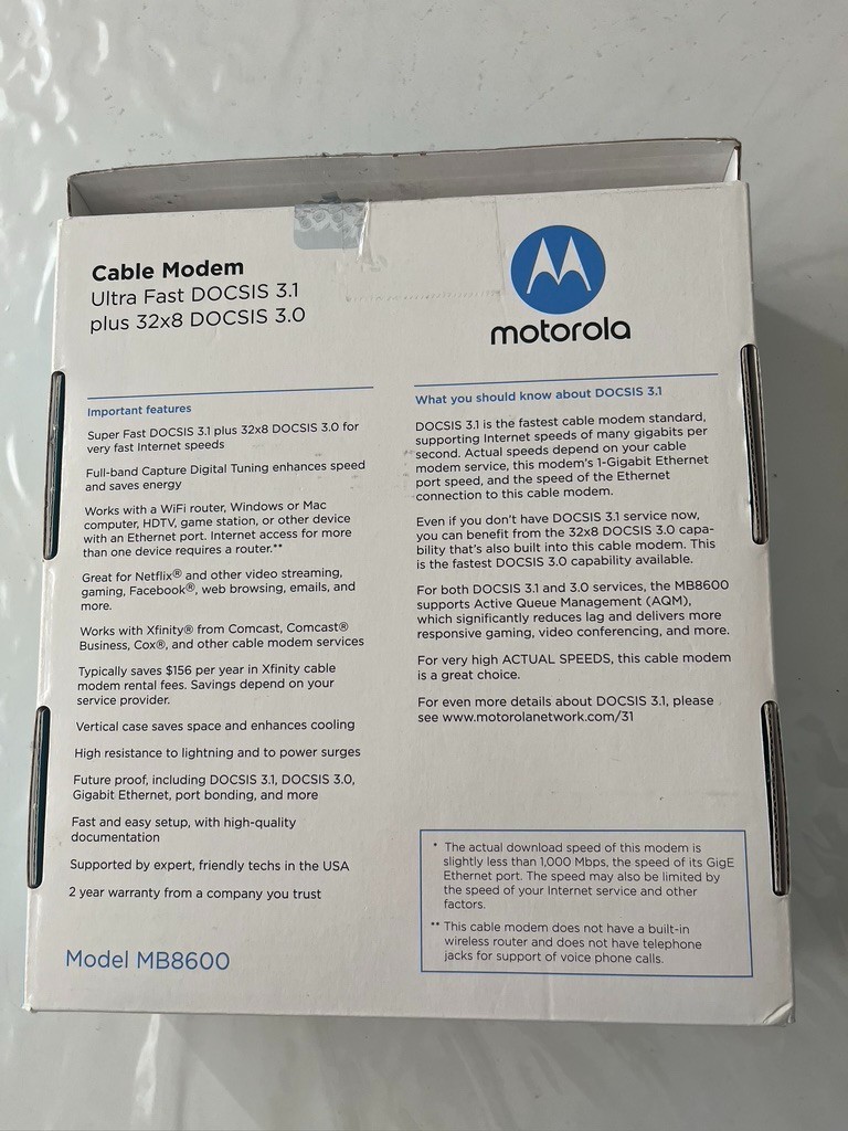 Comcast Compatible Modem Motorola MB8600 DOCSIS 3.1 Cable – Black