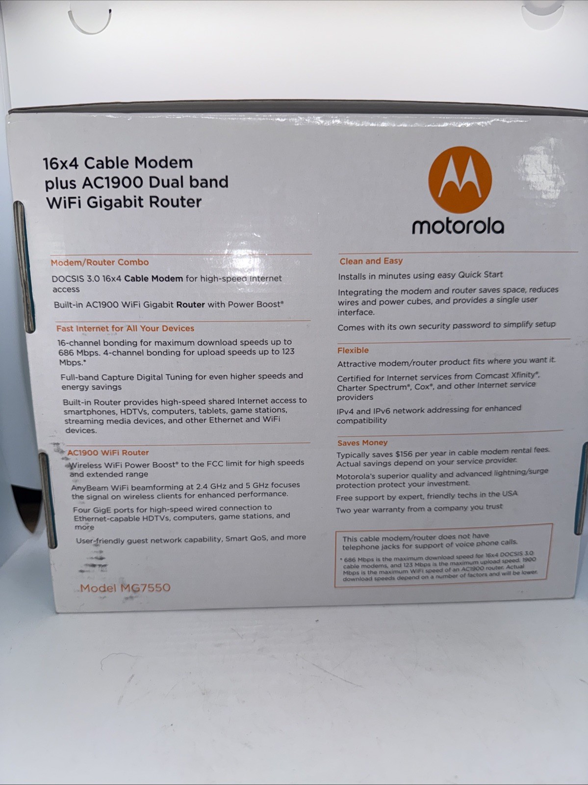 MOTOROLA MG7550-30 AC1900 WIFI ROUTER 16X4 CABLE MODEM PLUS ROUTER