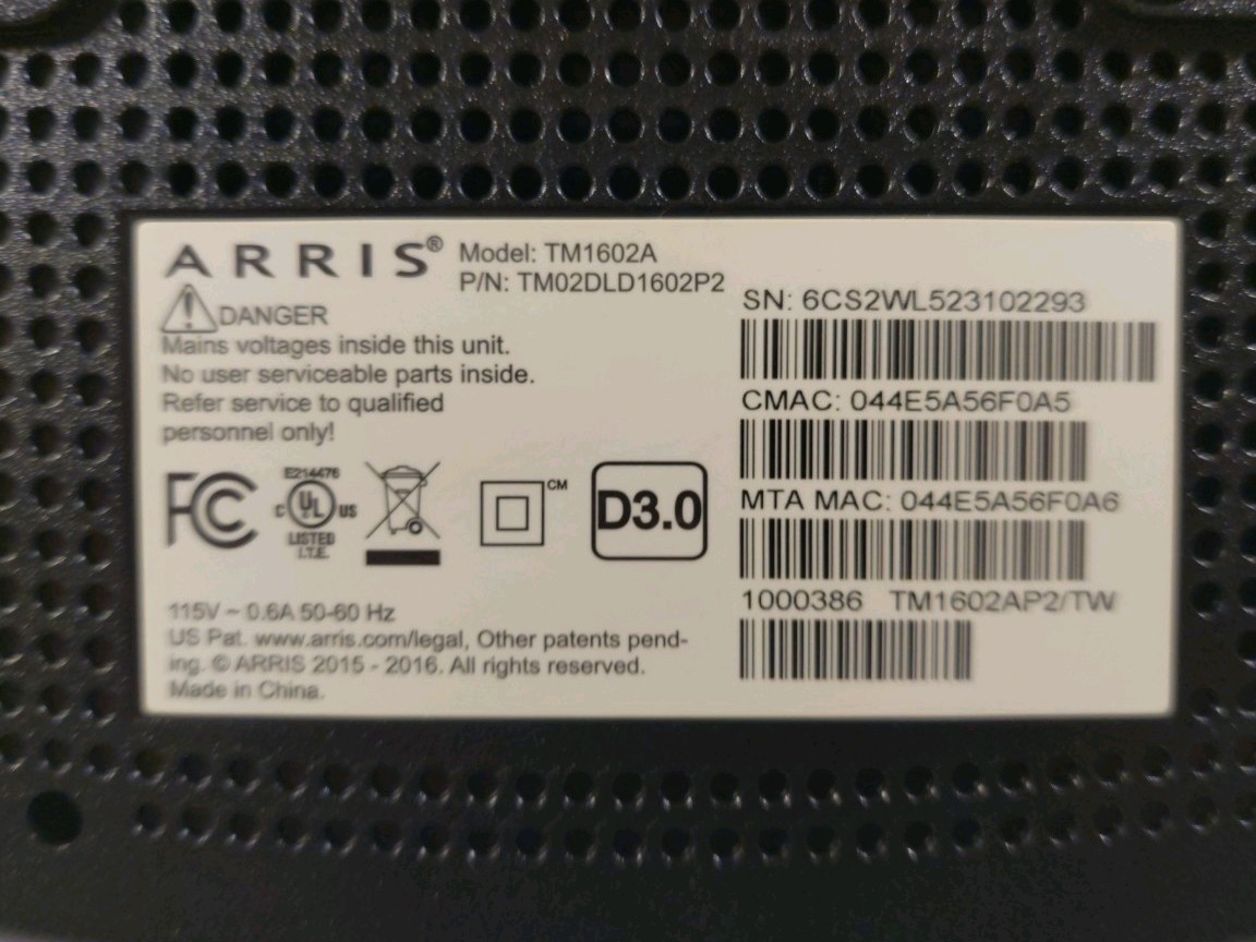 Arris Model TM1602A Cable Modem with Power Cord Tested Working No Ethernet Cable