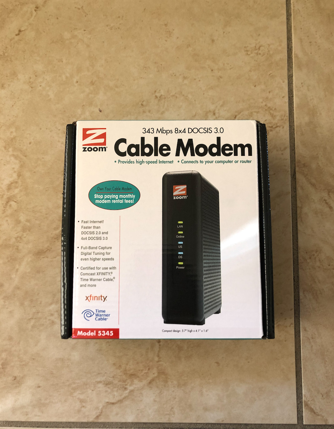 Zoom Cable Modem model 5354, 343 Mbps, Certified by Comcast XFINITY