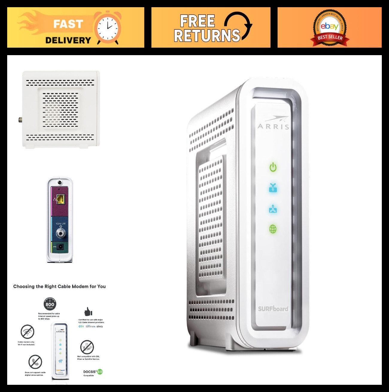 High-Speed DOCSIS 3.0 Cable Modem, 32×8, 1 Gbps Port, 800 Mbps Max Speed, Renewe