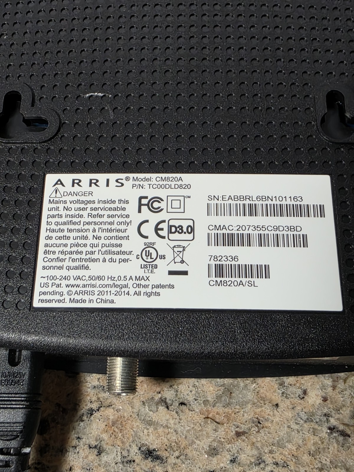 ARRIS Model: CM820A TC00DLD820 CM820A/NA DOCSIS 3.0 Cable Modem w/ Power Cord