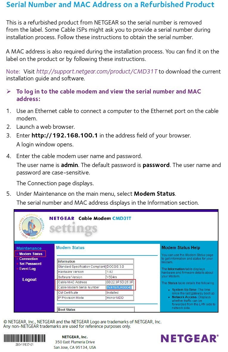 NETGEAR Renewed CMD31T-100NAR (4×4) Cable Modem – Cox, Cablevision