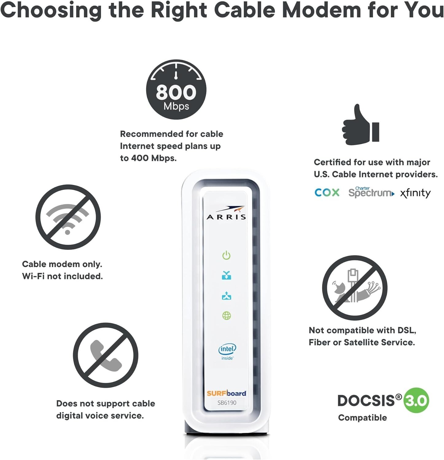 ARRIS (SB6190) – Cable Modem – Fast DOCSIS 3.0 32×8 Gigabit Modem, For Comcast