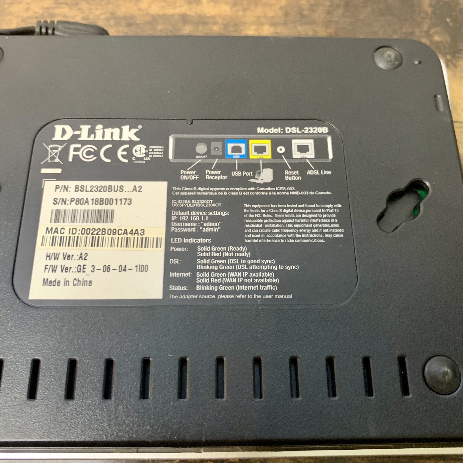 D-Link ADSL Modem Model : DSL-2320B Comes With Charger – Tested – Works Great!
