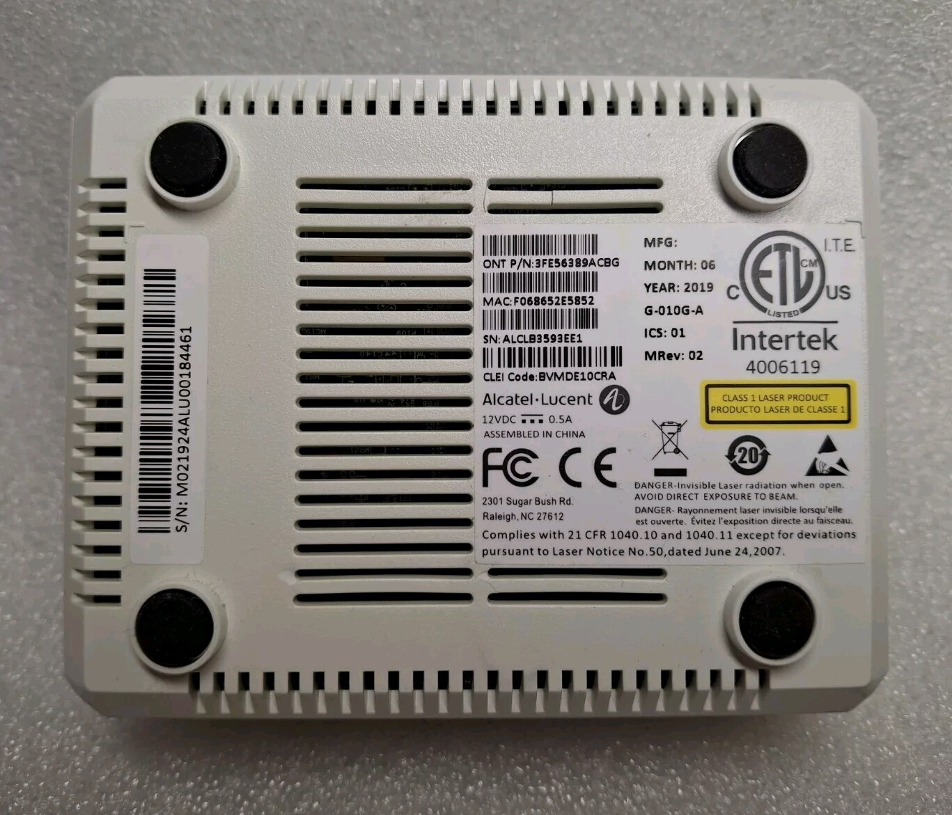 AT&T Alcatel Lucent Optical Network Terminal G-010G-A w/AC Adapter (B)