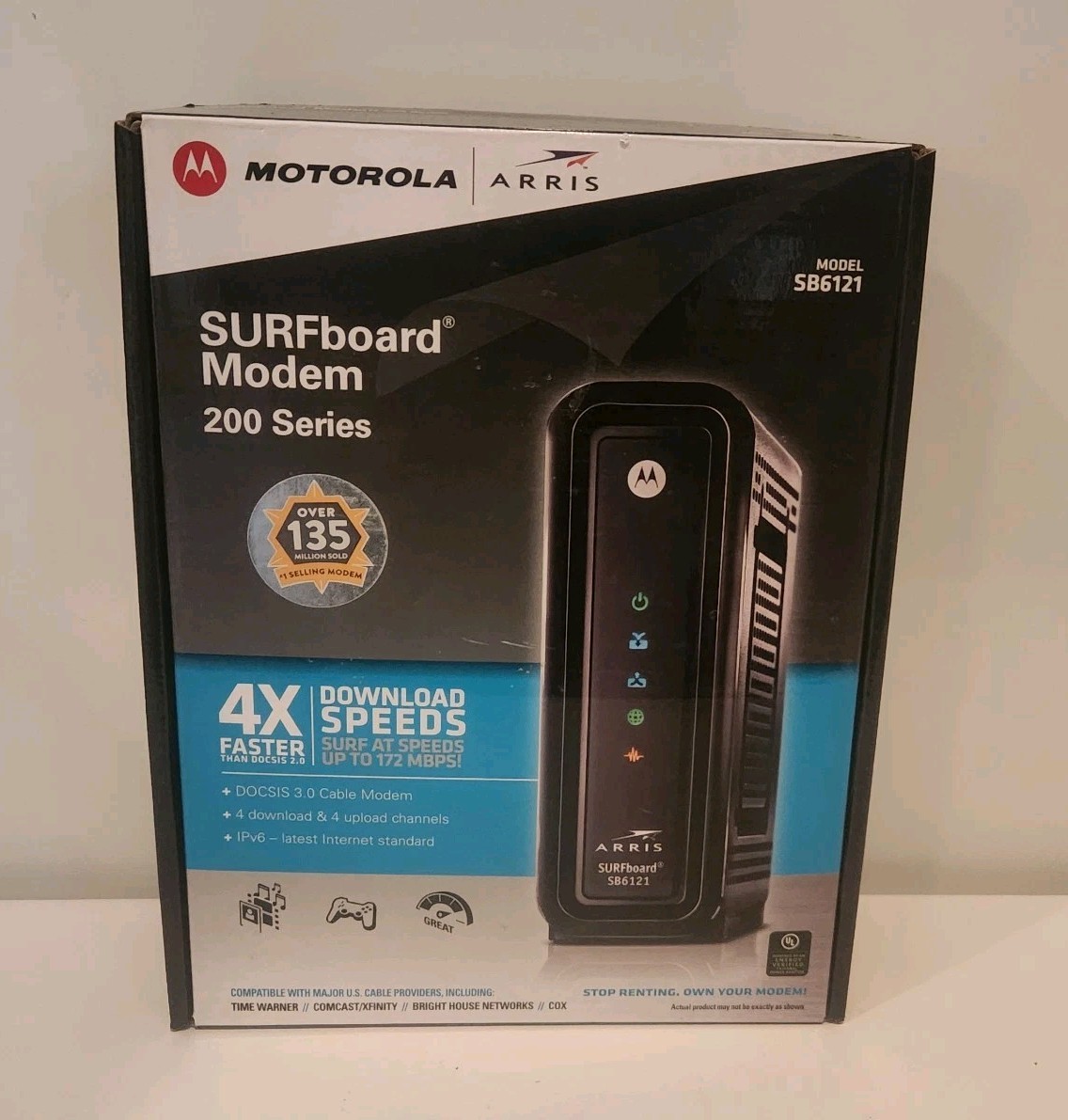 Motorola ARRIS SURFboard SB6121 4×4 DOCSIS 3.0 Cable Modem No Ethernet Cable.