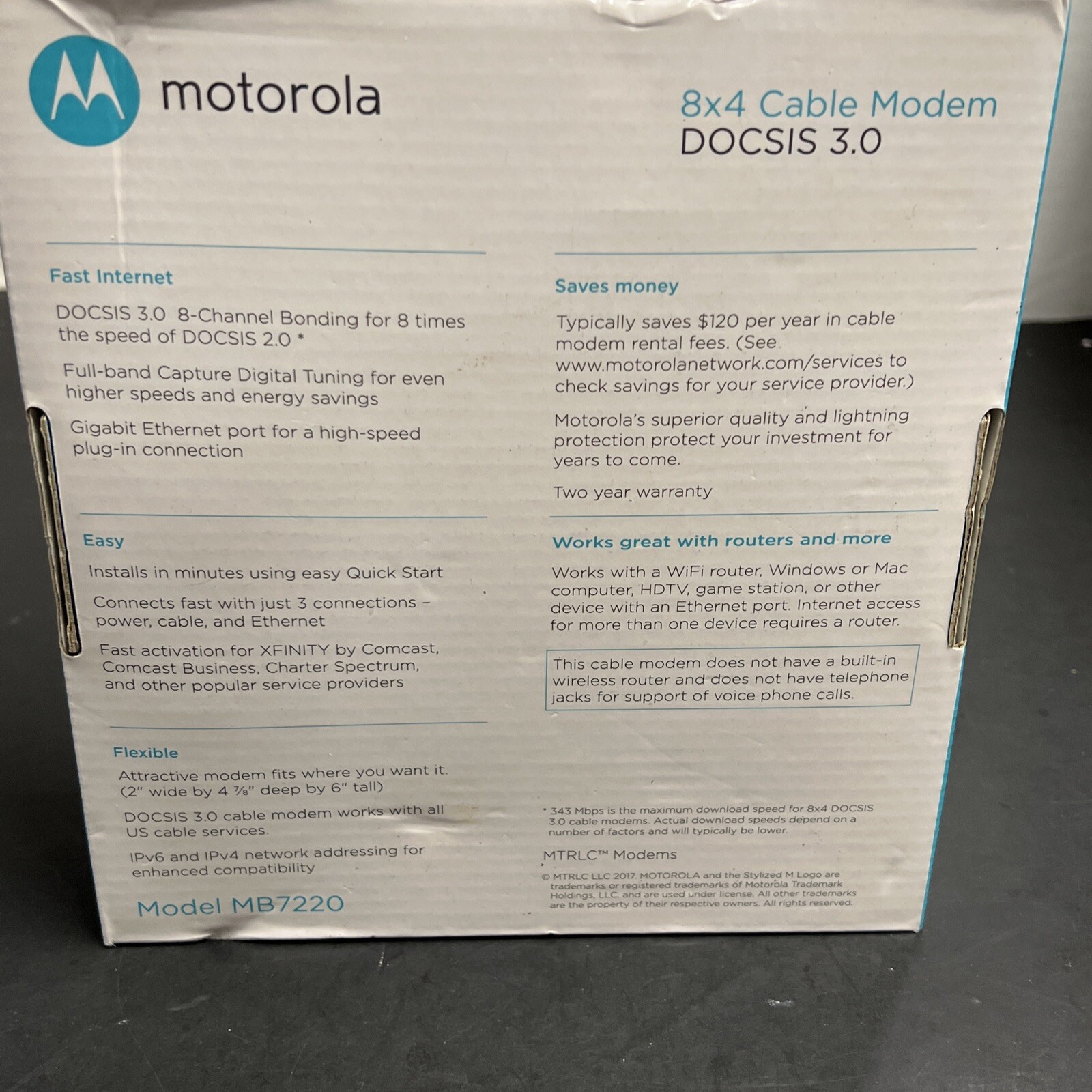 Cable Modem MOTOROLA 8×4 Model MB7220, DOCSIS 3.0 343Mbps Download