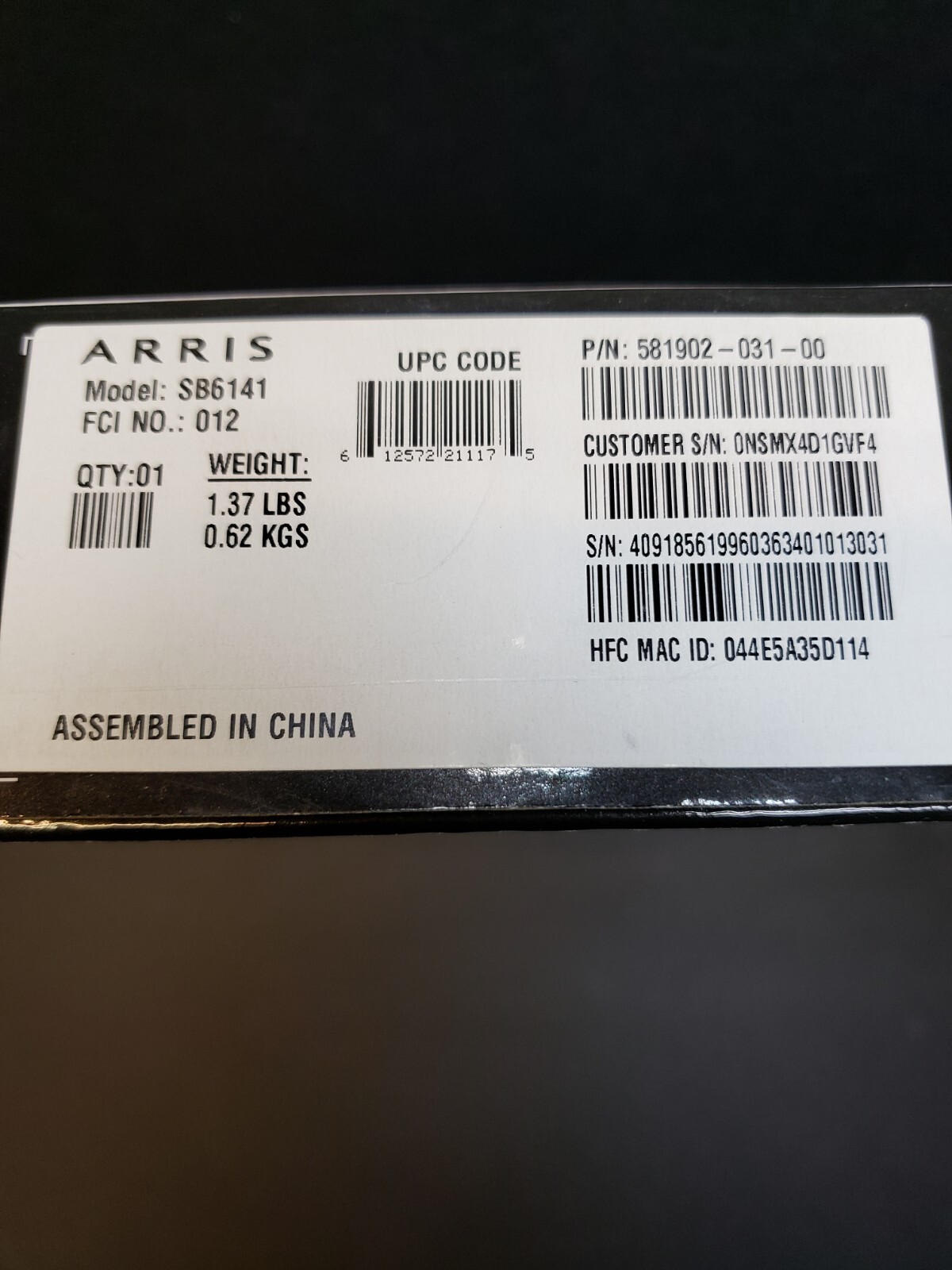 ARRIS SURFboard SB6141 OPTIMUM Compatible Cable Modem Black New Open Box
