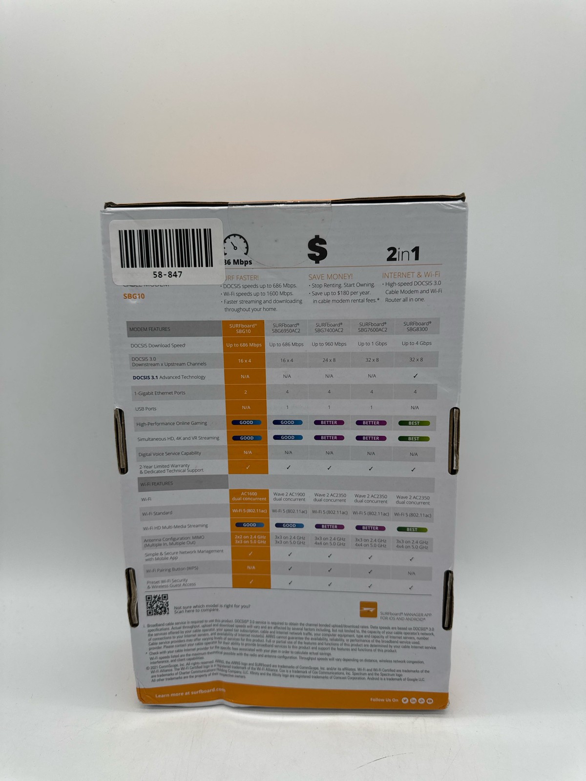 ARRIS SBG10 Cable Modem Router Combo DOCSIS 3.0 AC1600 Gigabit Black