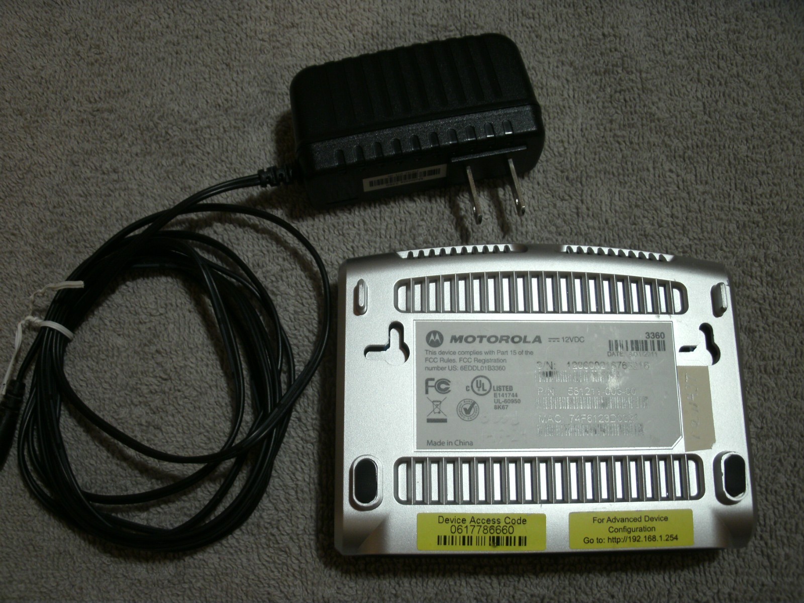 Motorola 3360 AT&T U-Verse DSL Modem with AC Adapter