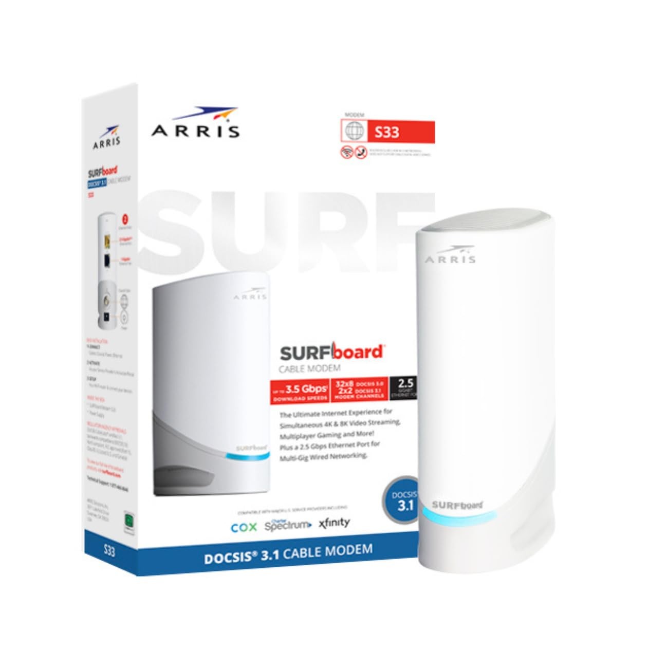 Arris Surfboard S33 DOCSIS 3.1 Multi‑Gig Cable Modem | 2.5Gbps + 1Gbps White