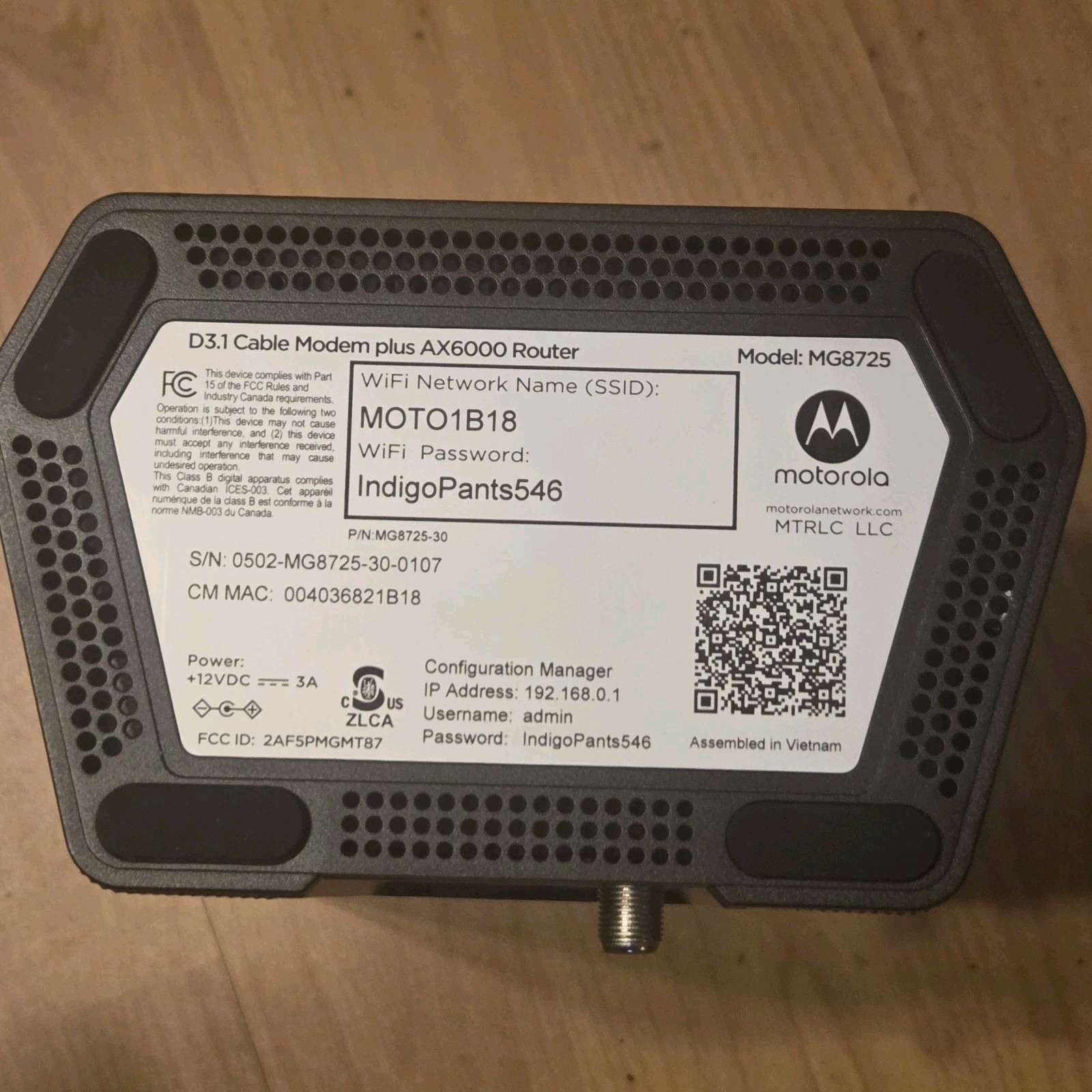 MOTOROLA MG8725 DOCSIS 3.1 AX6000 WIFI 6 2 IN 1 CABLE MODEM ROUTER -untested