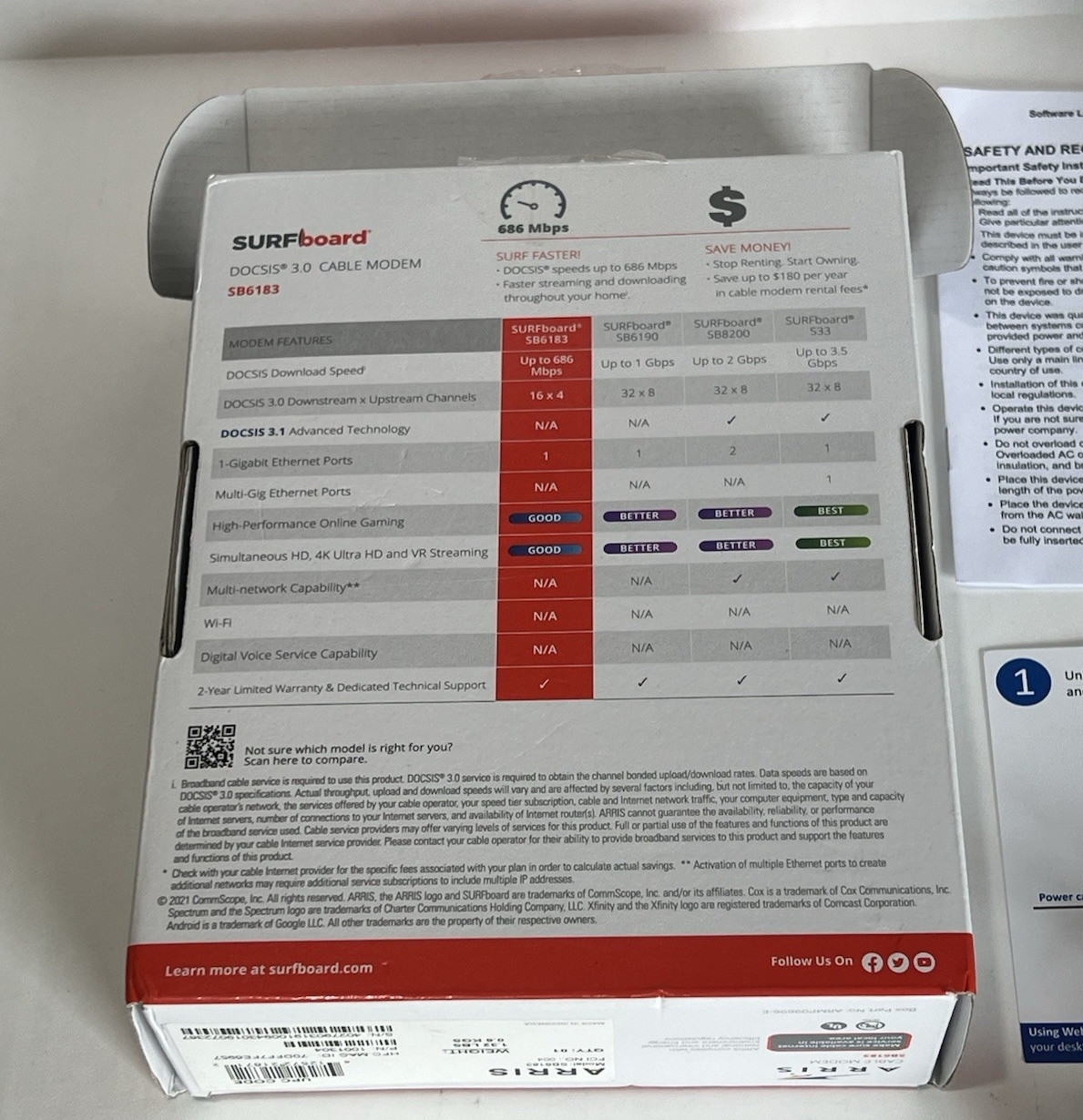 ARRIS Surfboard SB6183 DOCSIS 3.0 Cable Modem, 686 Mbps Max Fast Shipping