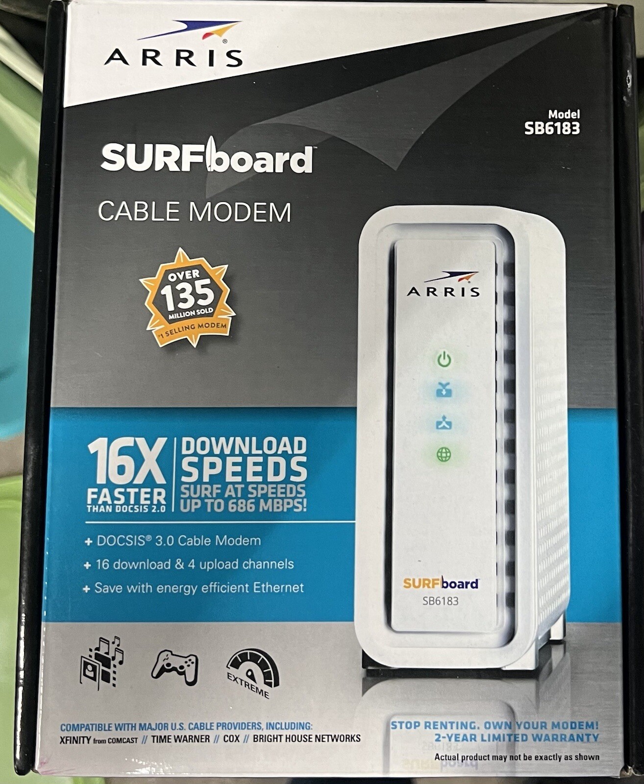 ARRIS SB6183 SURF Board 16 x 4 686 Mbps DOCSIS Speed 3.0 Cable Modem White New
