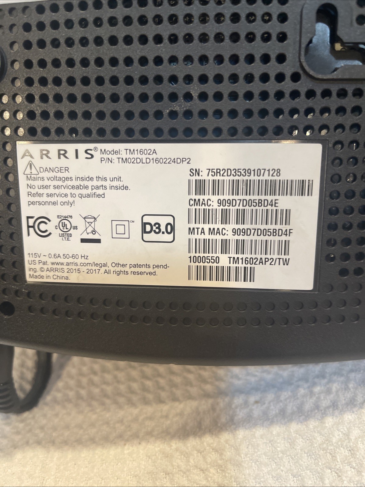 ARRIS Touchstone TM1602 DOCSIS 3.0 E-MTA with Power Cord