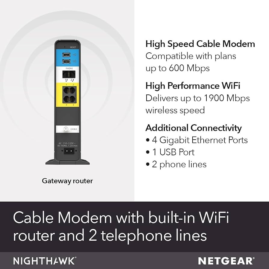 Nighthawk AC1900 Wifi Cable Modem Router for Xfinity Internet & Voice