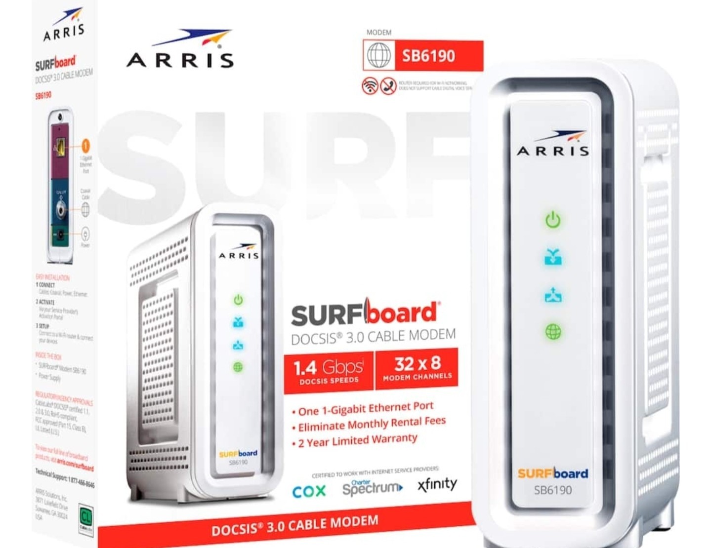ARRIS MOTOROLA SB6190 32×8 Up to 1 Gbps Docsis 3.0 Wired Cable Modem White