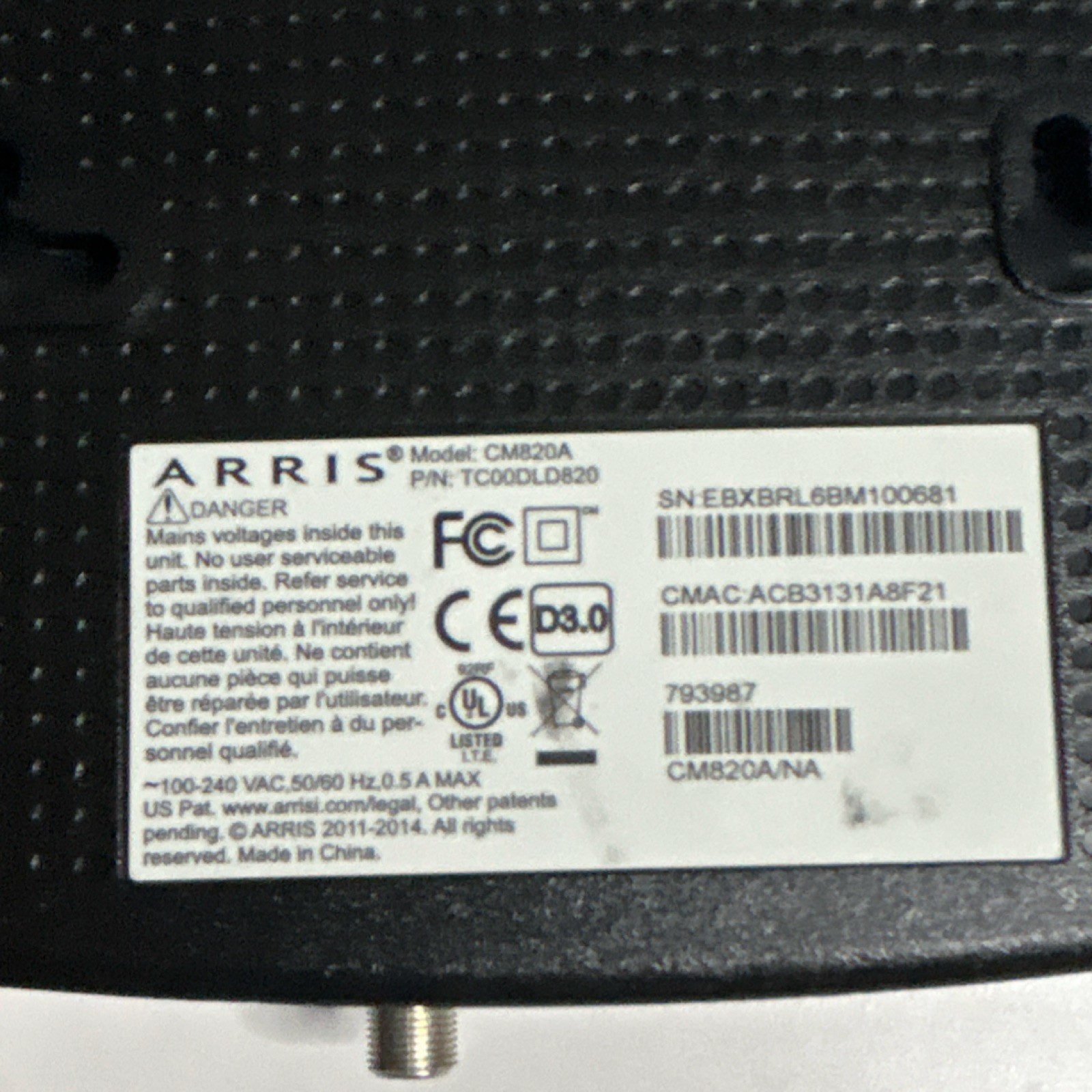 ARRIS CM820A DOCSIS 3.0 Cable Modem Black Ethernet Coaxial 1 LAN Port