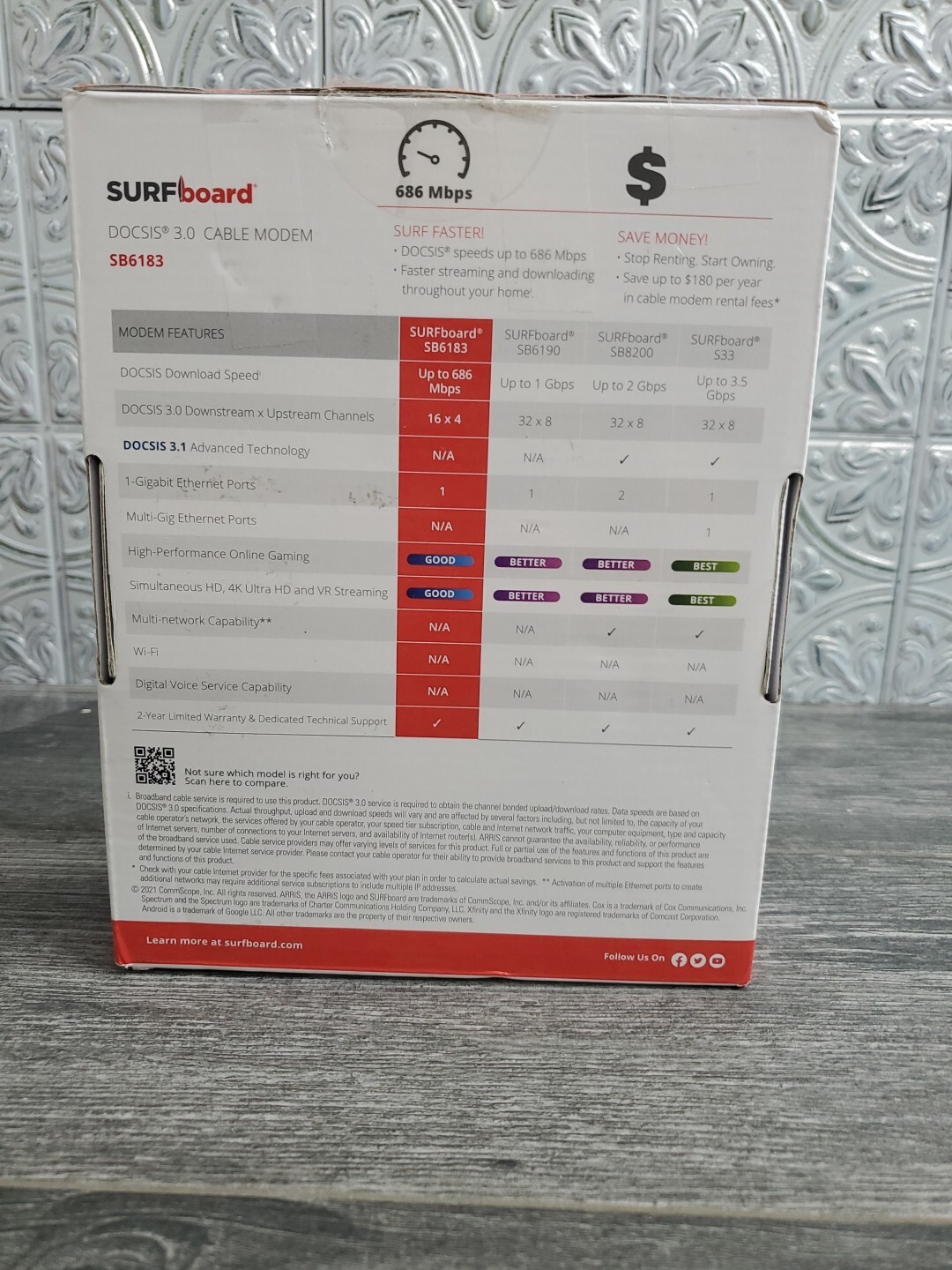 Arris SB6183 SURFboard DOCSIS 3.0 Cable Modem, White