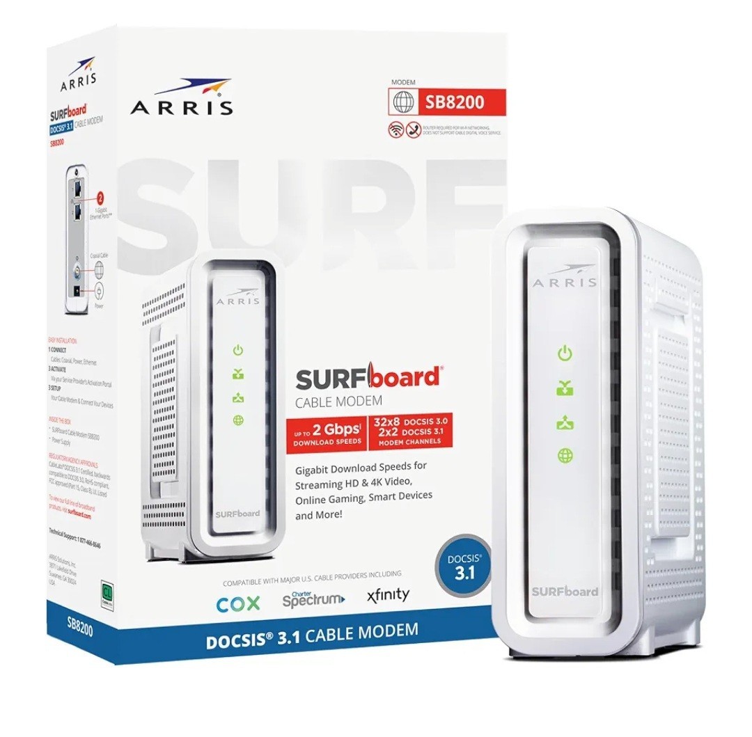 ARRIS SB8200 DOCSIS 3.1 White Surf Board Cable Modem Streaming HD & 4K Video