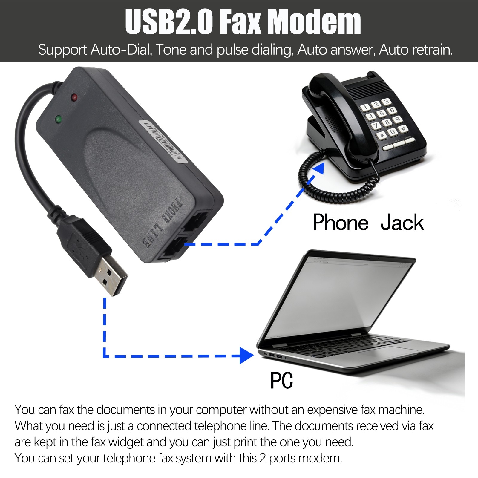 USB 56K V.92 Fax Modem External Data Dial-Up Internet Caller ID Plug & Play