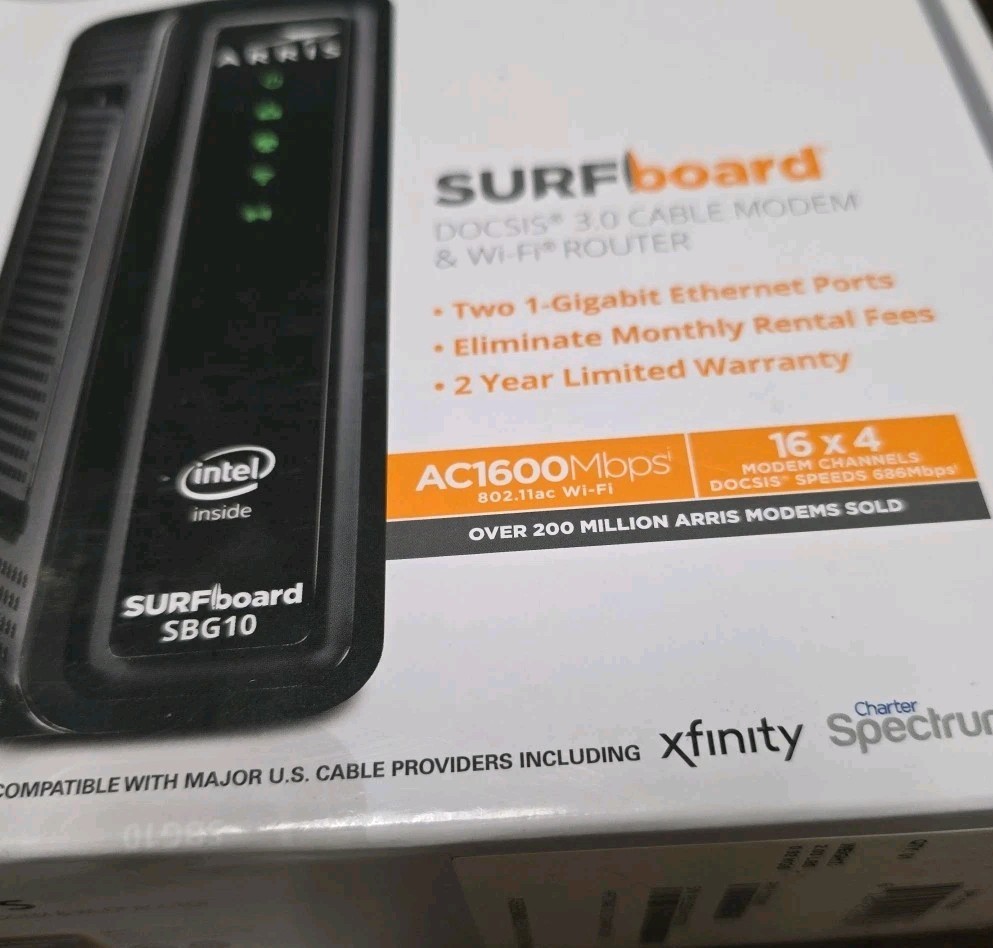 ARRIS SURFboard SBG10 DOCSIS 3.0 16×4 Gigabit Cable Modem & AC1600 Wi-Fi 5 (New)