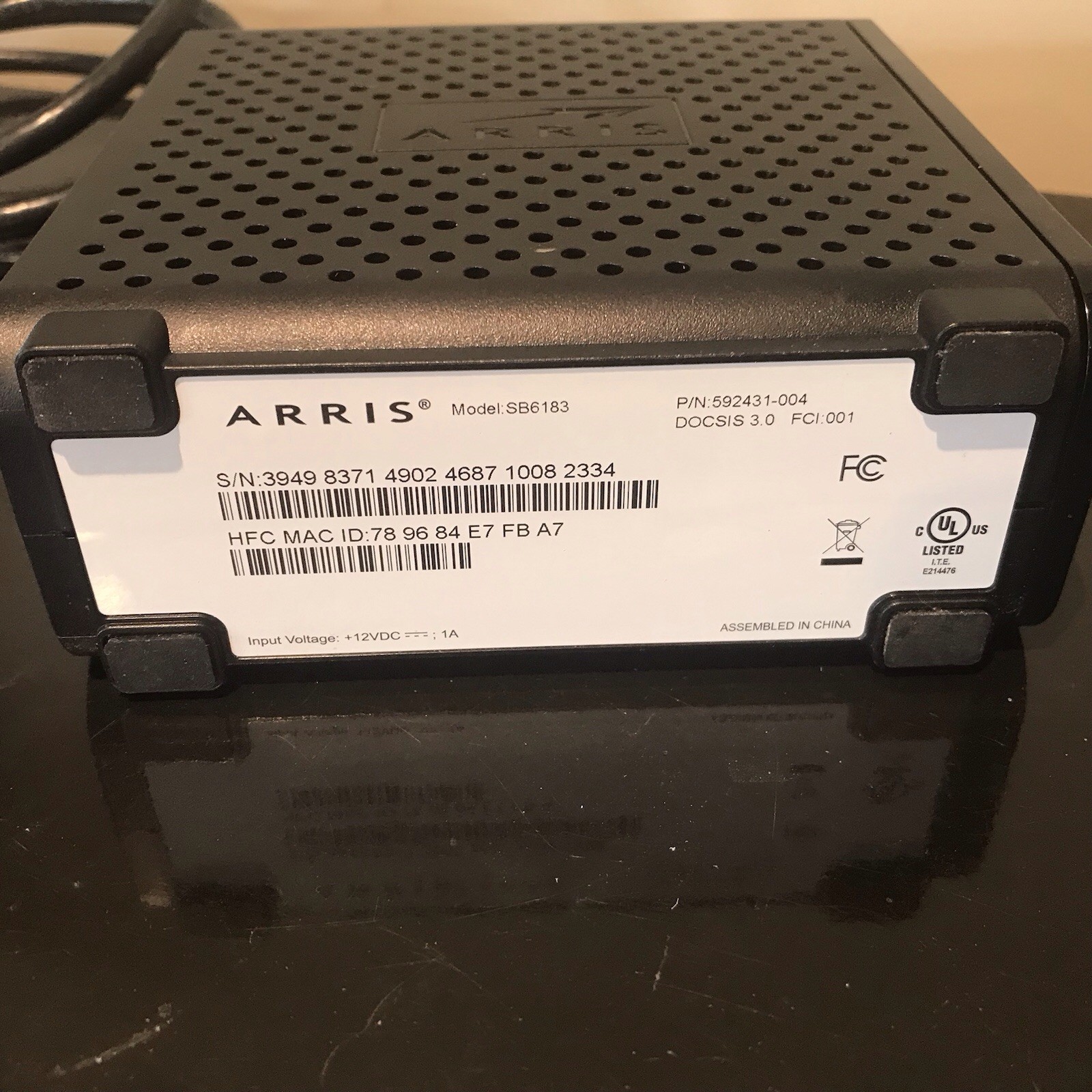Arris Touchstone SB6183 12V Cable Modem Black DOCSIS W/Power Cord, Coax & Cables