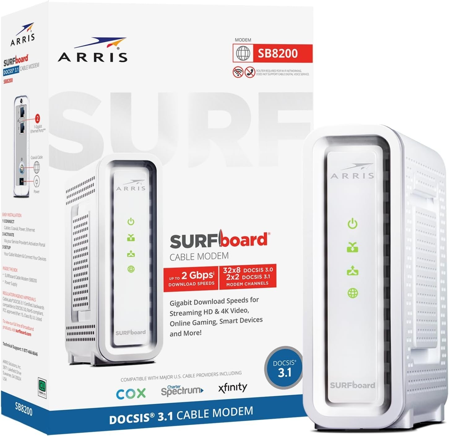 ARRIS SURFboard SB8200 DOCSIS 3.1 Multi‑Gig Cable Modem | 2 -1Gbps Ethernet Port