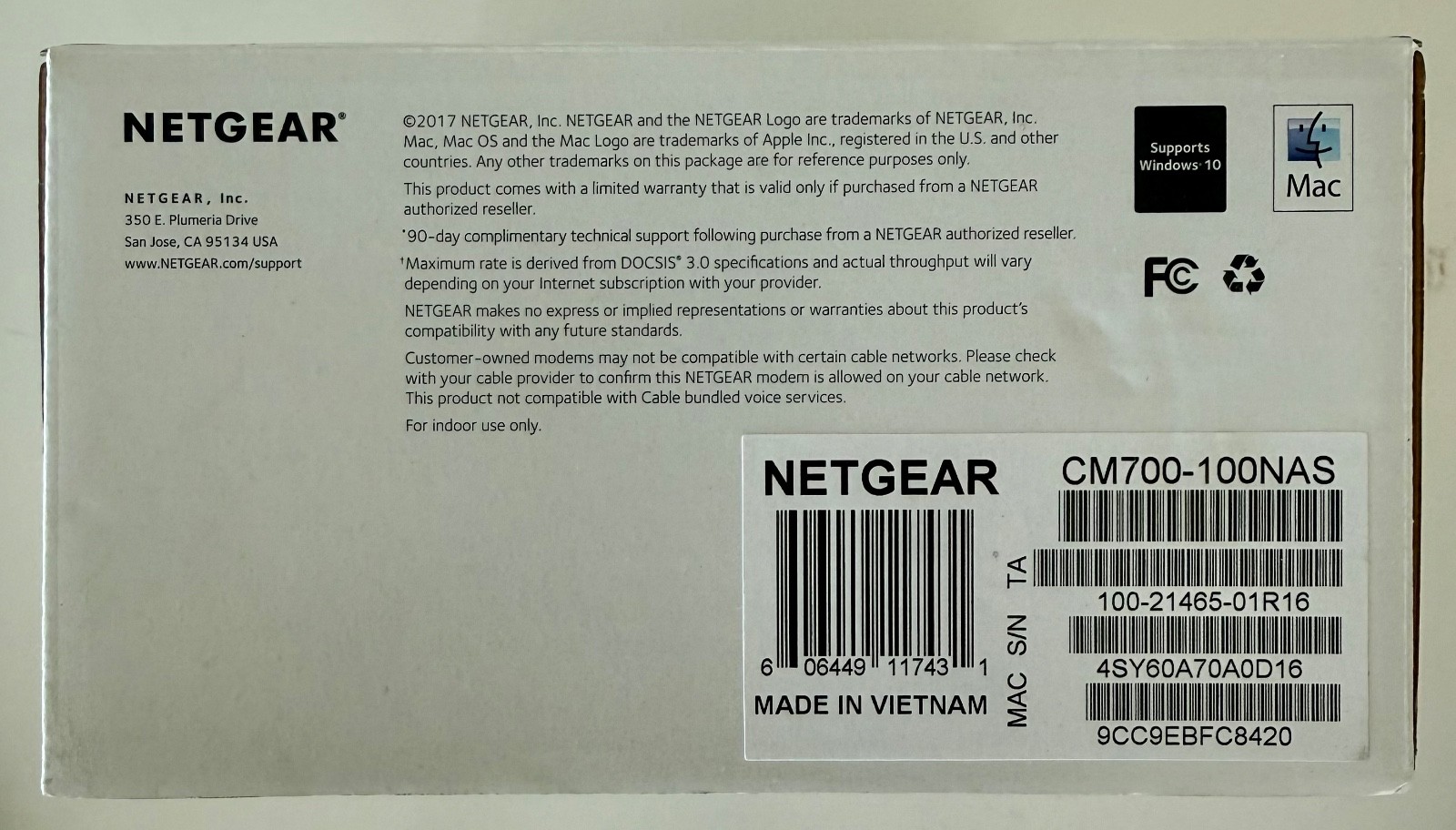 NETGEAR CM700-100NAS High Speed Cable Modem DOCSIS 3.0 COMPLETE