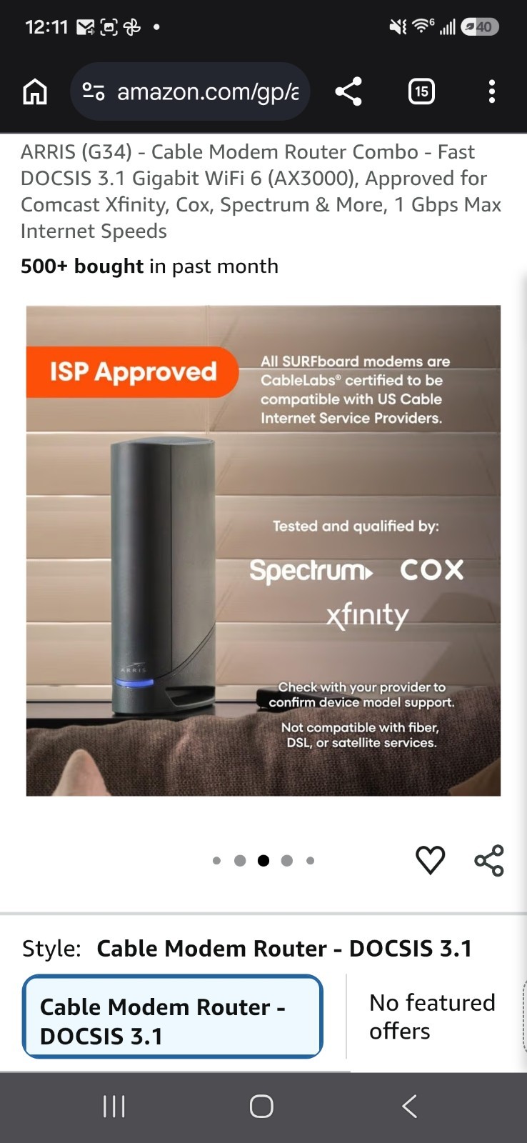 ARRIS Surfboard G34 DOCSIS 3.1 Gigabit Cable Modem and AX3000 Wi-Fi 6 Router