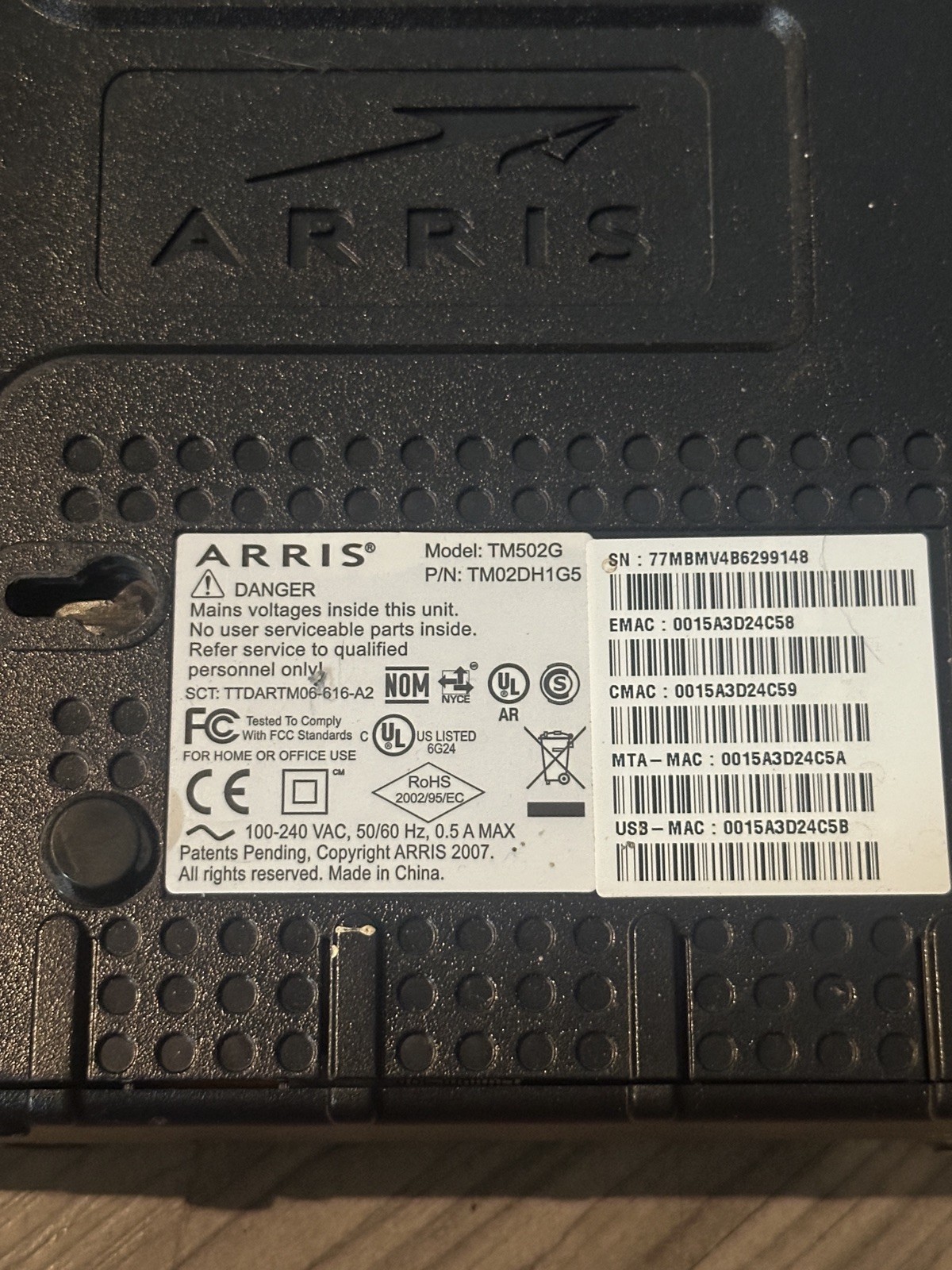 Arris Touchstone Telephony Modem Model No.TM502G