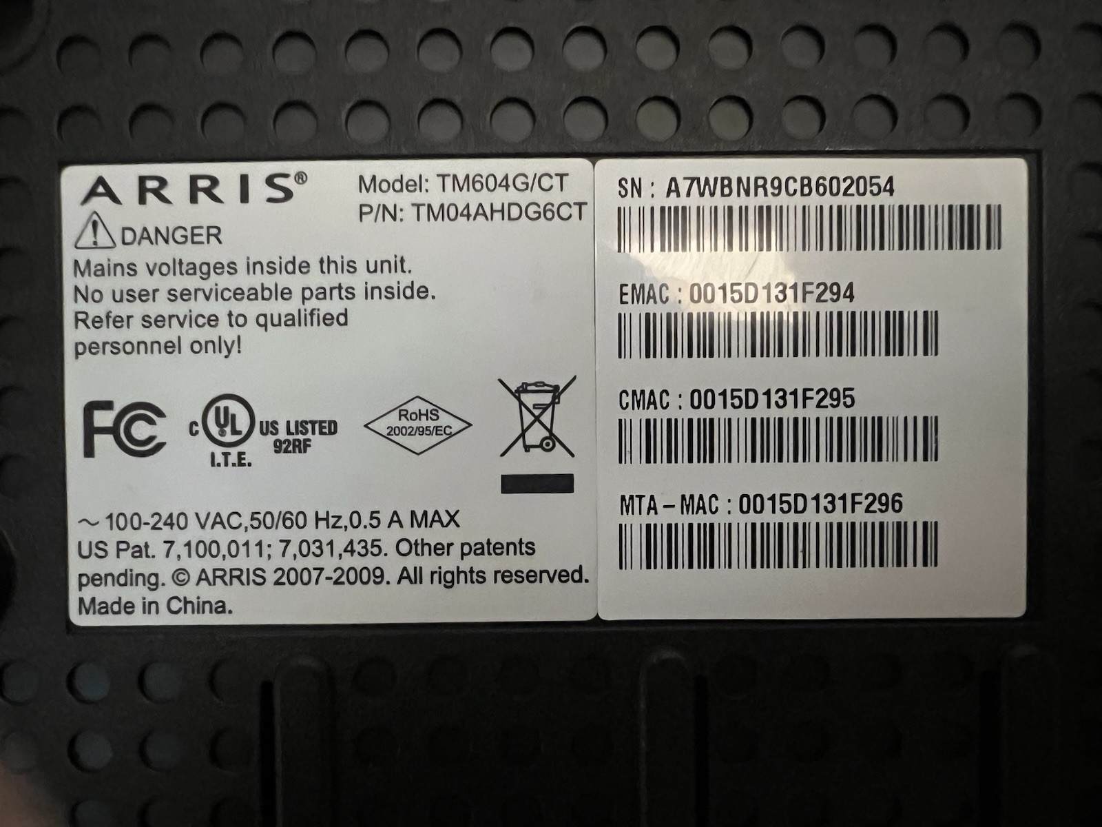 ARRIS TM604G/CT-8 Modem Works No cord.￼