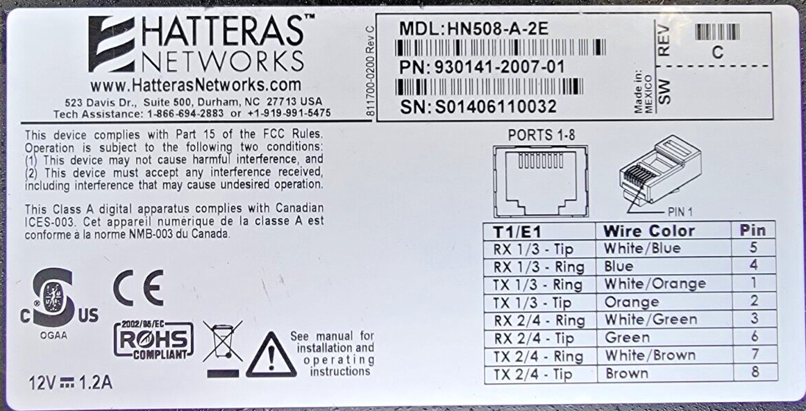 OVERTURE NETWORKS, HATTERAS, HN508-A-2E, ETHERNET OVER T1 MODEM, 8 PORTS, USED