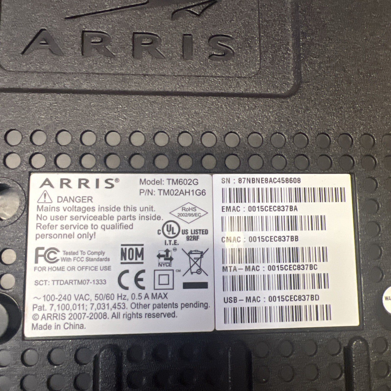 ARRIS TM602G Cable Touchstone Telephony Modem – Model TM602G