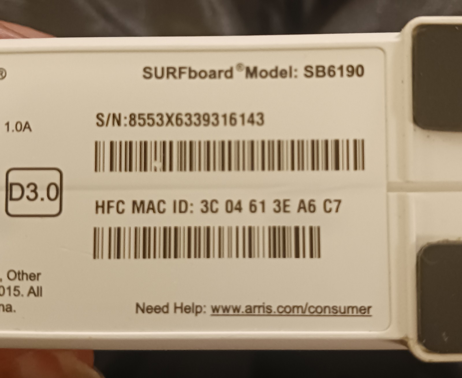 ARRIS SURFboard SB6190 DOCSIS 3.0 Cable Modem 1.4Gbps Intel 1-Port Cox White