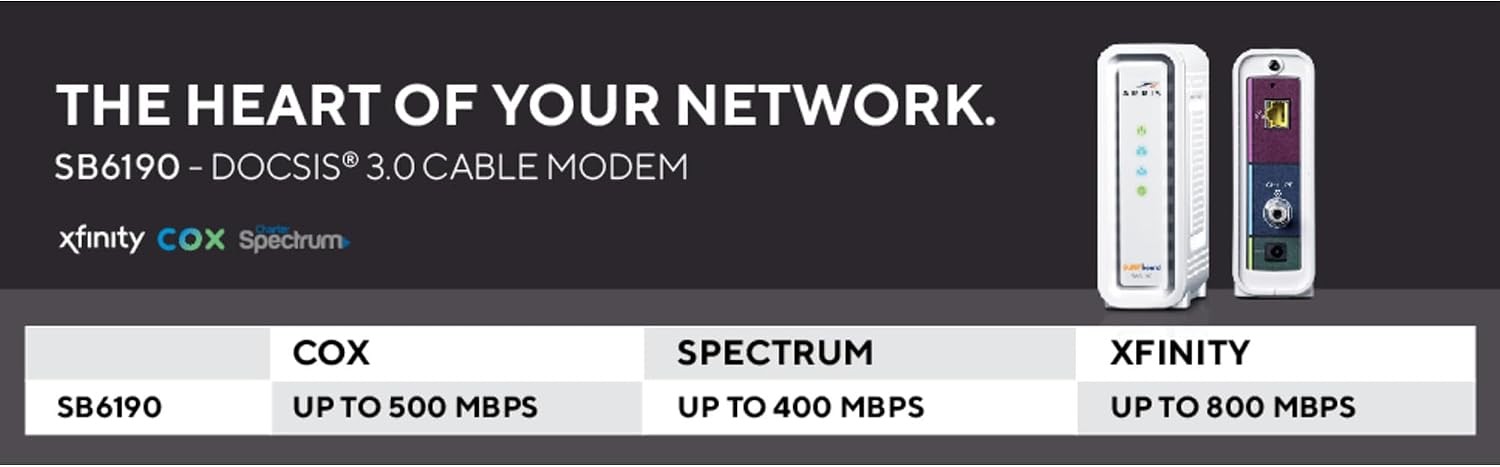 ARRIS SB6190 Cable Modem DOCSIS 3.0 32×8 Gigabit 1 Gbps Port 800 Mbps Max Speed