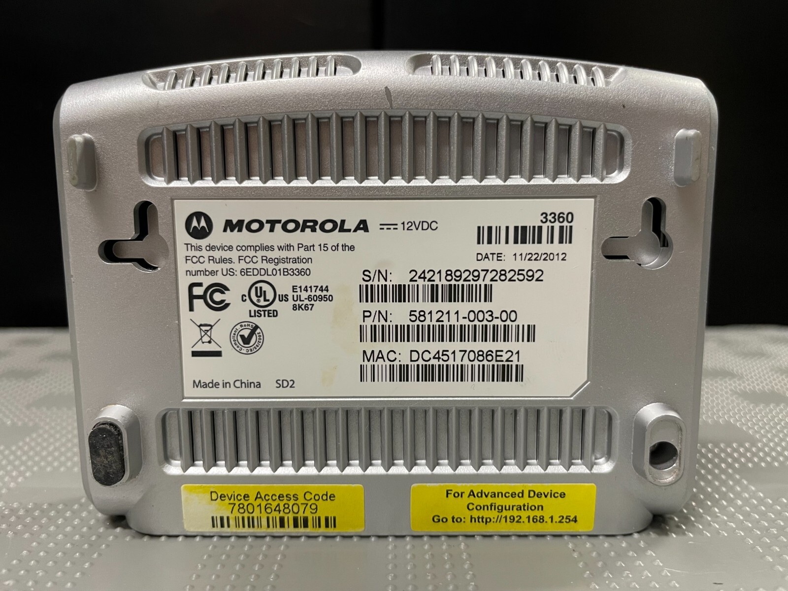 Motorola ATT AT&T High Speed DSL Modem 3360 ADSL2 24 Mbps Internet Ethernet Cord