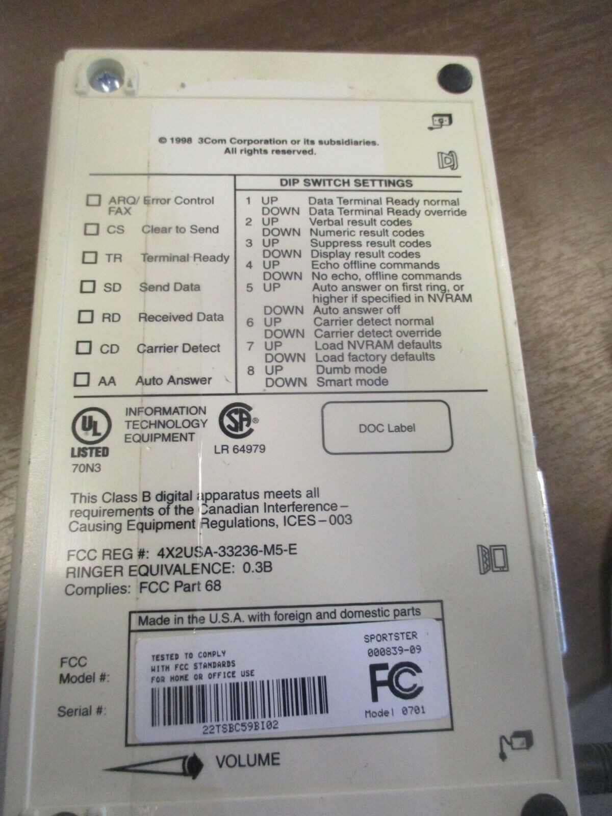 US Robotics Sportster 33.6 Faxmodem 0701 Used