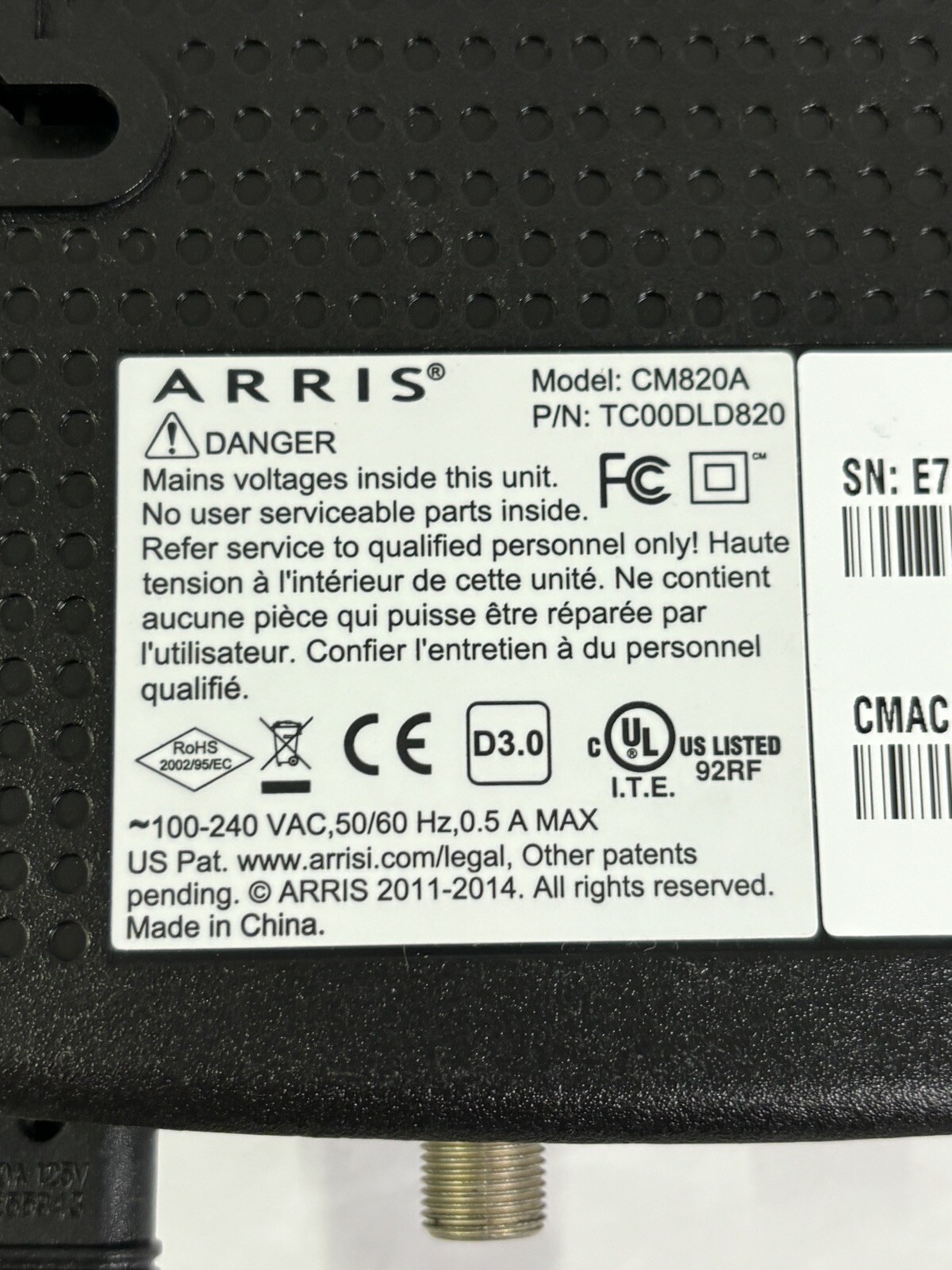 ARRIS CM820A Cable Internet Modem with Power Cord