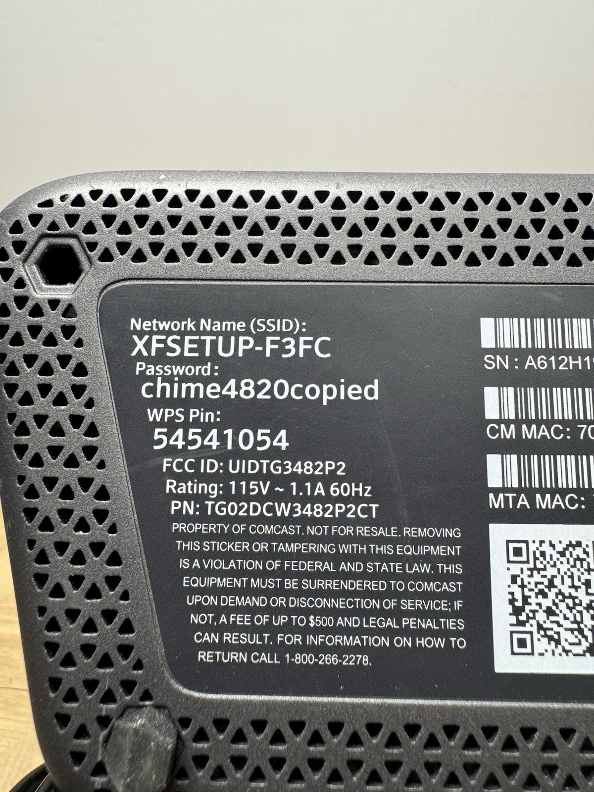 Xfinity Modem (Lightly Used) TG02DCW3482P2CT