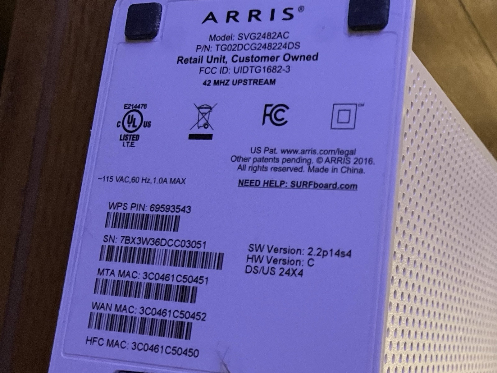 Arris Surfboard- SVG2482AC 0450 5G – Wireless Modem.